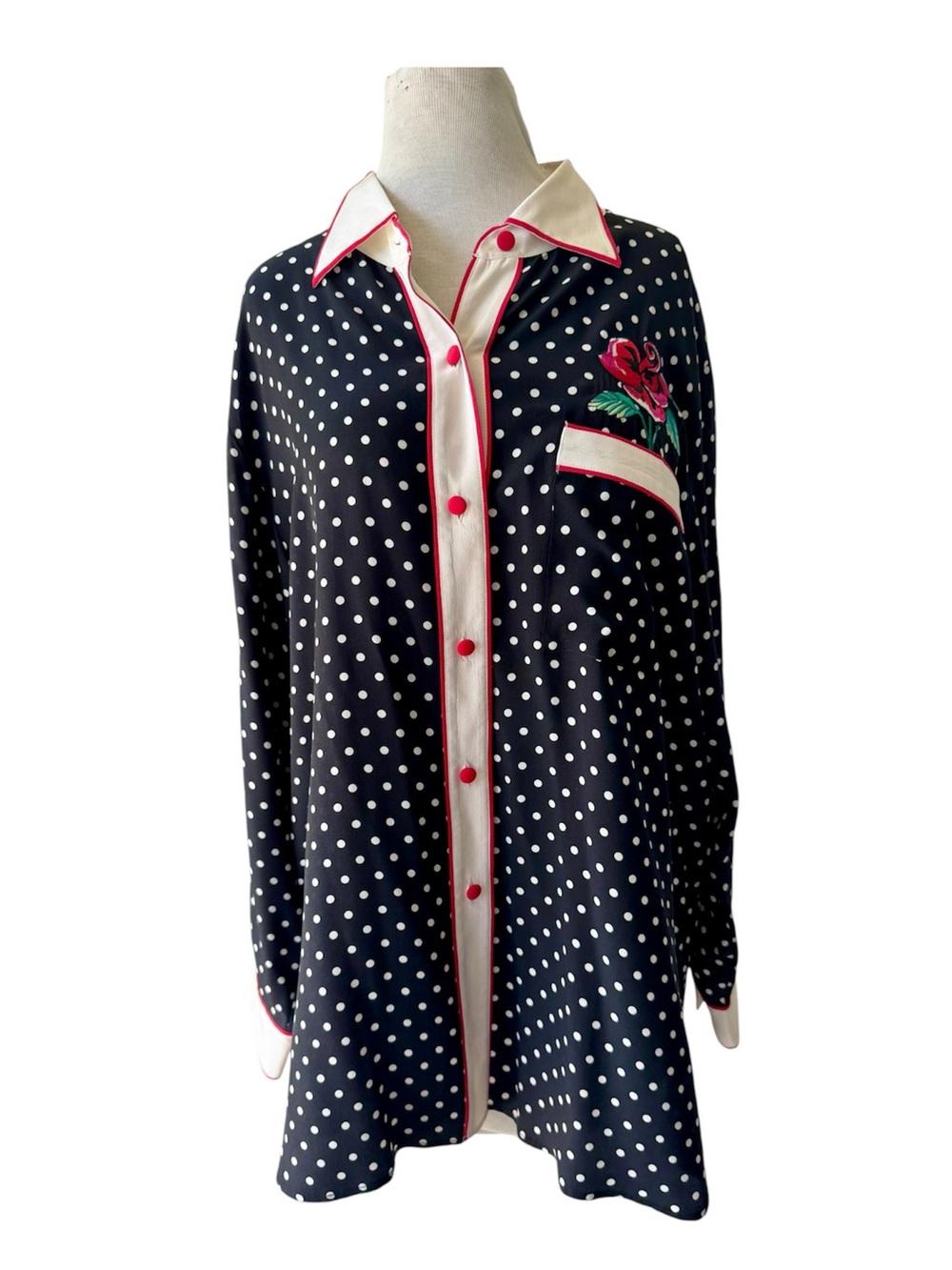 Vtg 90s Bob Mackie Wearable Art Black Polka Dot Embroidered Flower Top Sz 1X